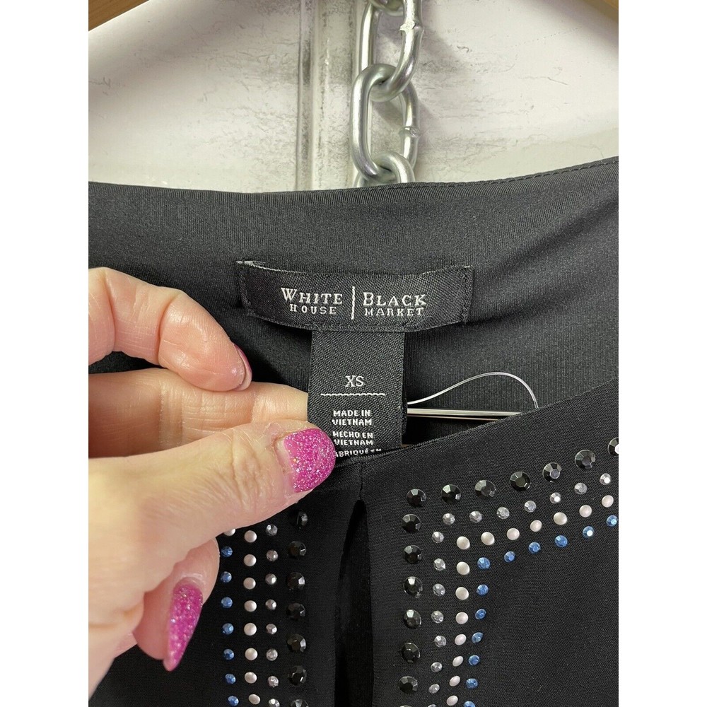 White House Black Market Black Blue Silver Rhinestones Keyhole Neck Size XS - Picture 7 of 14
